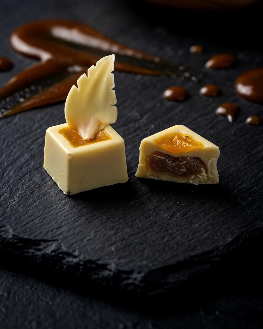 Bombom Pluma de Manga, bombom branco com pluma de chocolate e caramelo de manga
