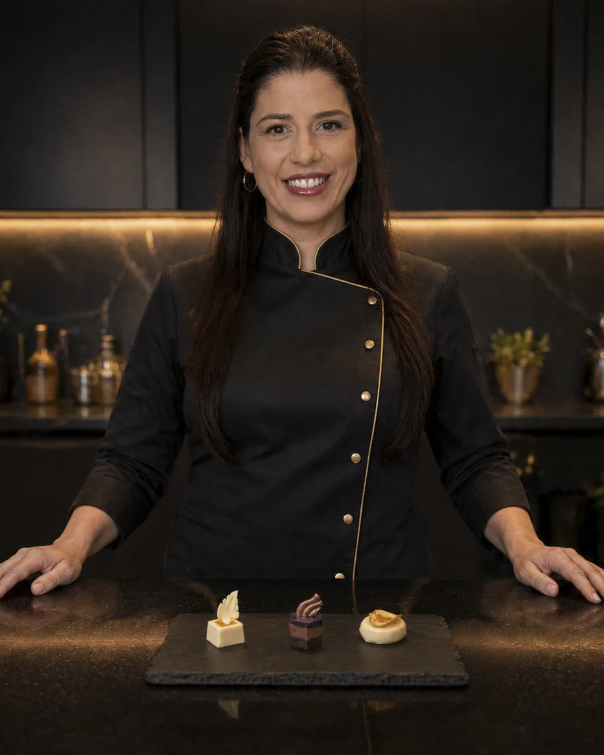 Natália Canezin de pé atrás da bancada do ateliêr, com os três doces autorais desta edição à sua frente